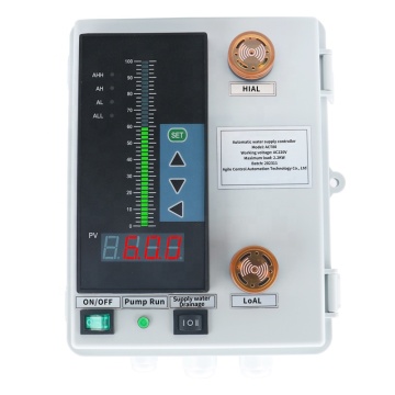 Pengontrol tingkat tangki air dengan alarm dan pengukur tampilan
