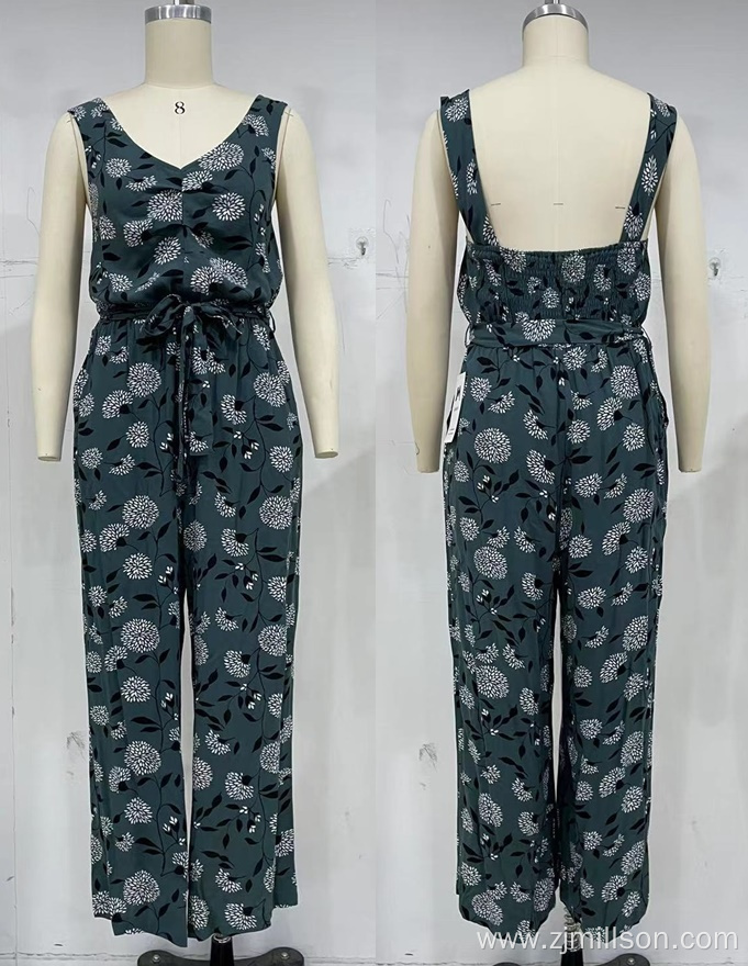 Floral Pattern V Neck Backless Women's Jumpsuits