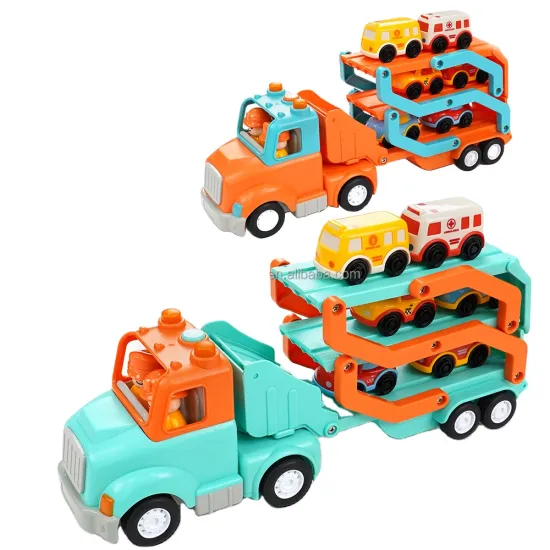 7-in-1 Transport Car Carrier Truck Toy with Lights & Sounds: Complete Playset Including Plastic Vehicles and Track Trailer