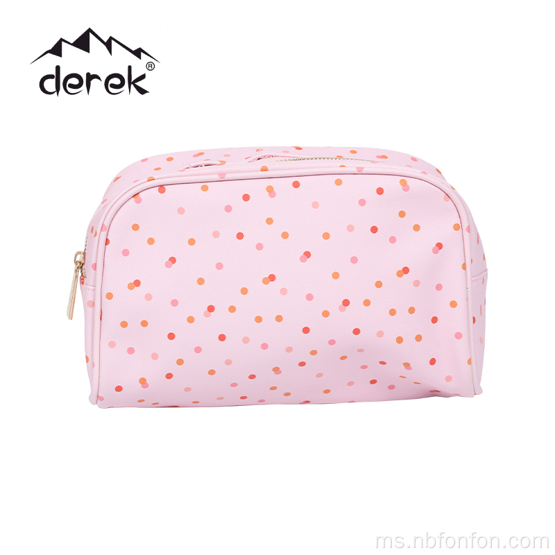 Cetak cetak pu twill beg solek/beg solek zip logam/titik polka merah jambu kecil beg cetak kalis air