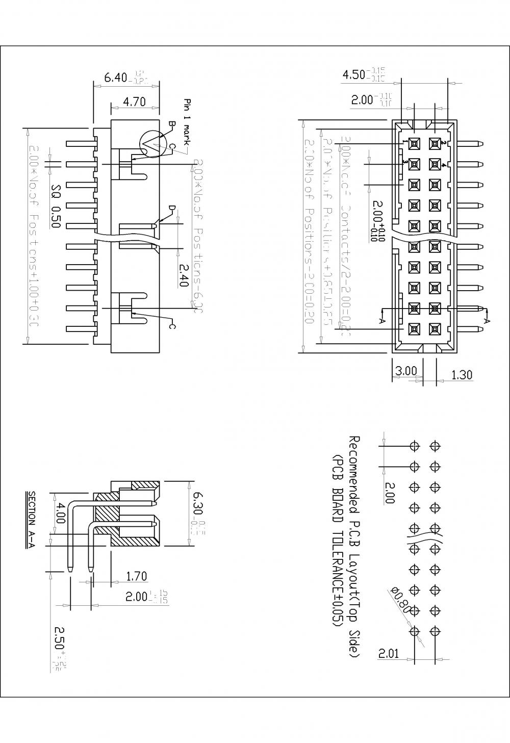 2.00 mm (.079 &quot;) Encabezado de caja de PCB de tono encabezado a través de un agujero de paso/THT 90 ° H = 6.40