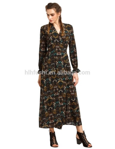 manufacturers in china fall latest floral wrap-over triangle poet sleeve maxi long ladies casual dresses 2016