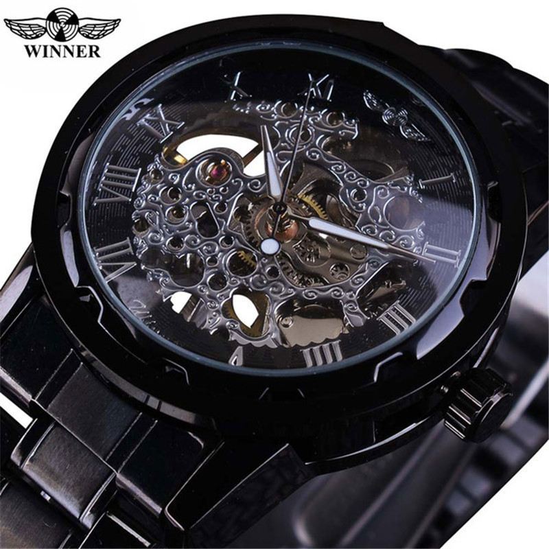 WINNER SLZ04: Stylish Luxury Black Manual Mechanical Watch with Skeleton Design and Stainless Steel Strap for Men