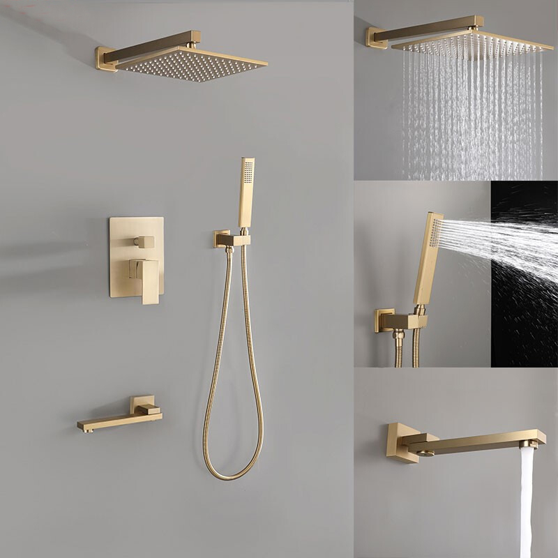 Bathroom Brass Brushed Gold Concealed Shower Faucet Set