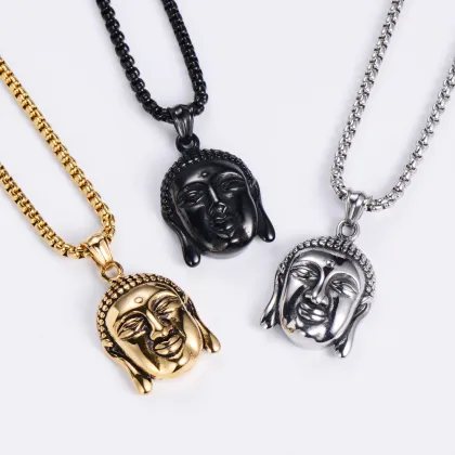 Stainless Steel Religious Jewelry: Explore Black, Silver, and Gold Buddha Pendant Necklaces