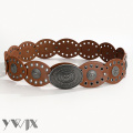 Warm Brown Carved Metal Panel Wide Waist Belt