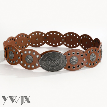 Warm Brown Carved Metal Panel Wide Waist Belt
