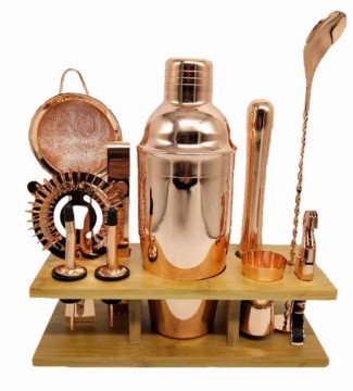 Conjunto de mezcladores de vino de oro rosa con acero inoxidable y marco de madera: kit de accesorios de vinos premium de 11 piezas