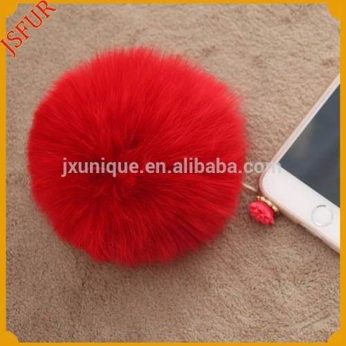 Wholesale cute cell phone dust plug with real fox fur pom poms mobile phone plug