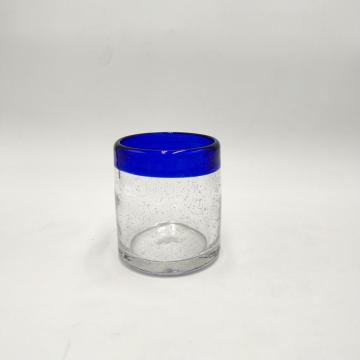 Hochwertiges klares Bubble-Kerzenglas mit breitem blauem Rand