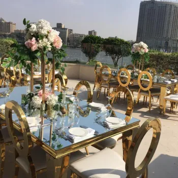 Modern Luxury Glass Metal Wedding Chairs and Dining Table Sets with Stainless Steel Legs