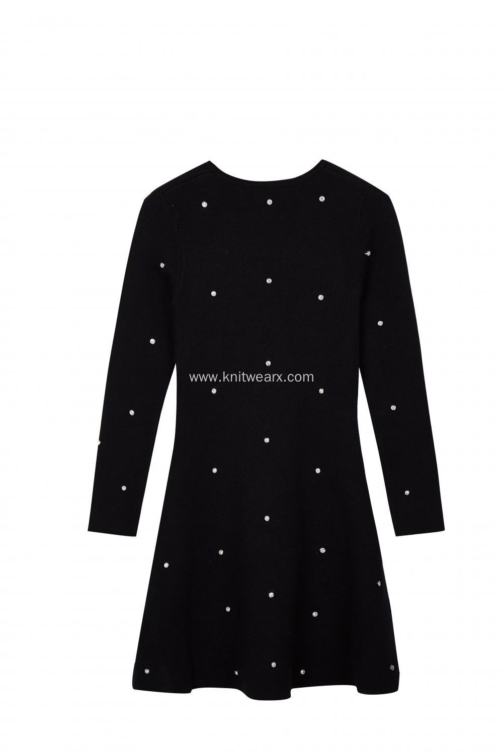Women's Knitted Crew-Neck Crystal button Midi Party Dress