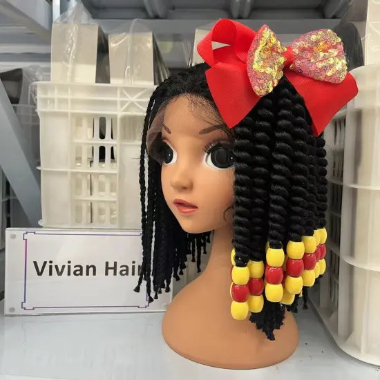 Custom-Branded Kids' Box Braid Ponytail Hair Extensions: Synthetic 8-inch Pony with Big Bubble Balls