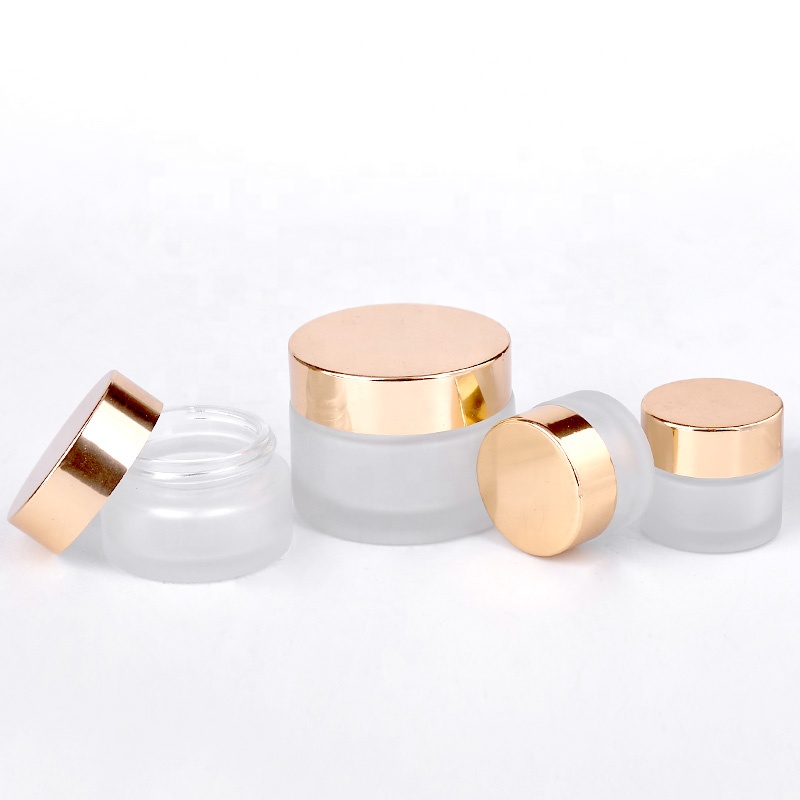 Fabricants vides 30g 50g 100g Jars rond en verre cosmétique de luxe avec aluminium Bouchon de couvercle à vis d'or brillant