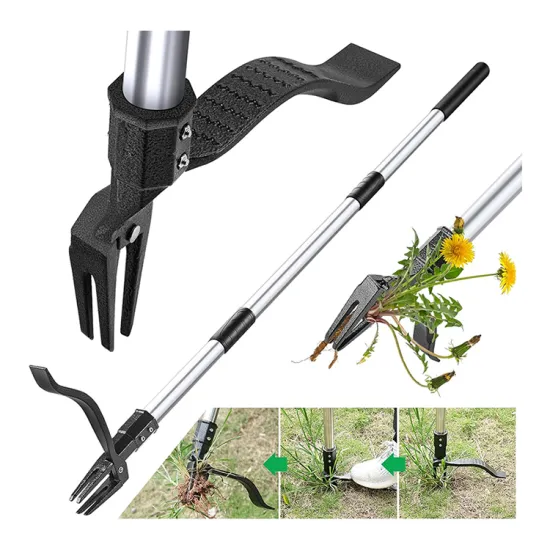 Professional Gardening Tool: 48\" Stainless Steel Stand Up Weeder with 4 Steel Claws for Efficient Lawn Care