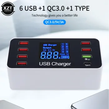 USB Charger Station Quick Charger 3.0 Smart LED Digital display 40W 8-port Multi USB Type C PD Charger Fast Charging Station HUB