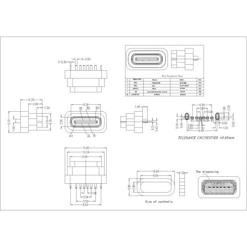 Type-C Female Waterproof 180 With Two Boss