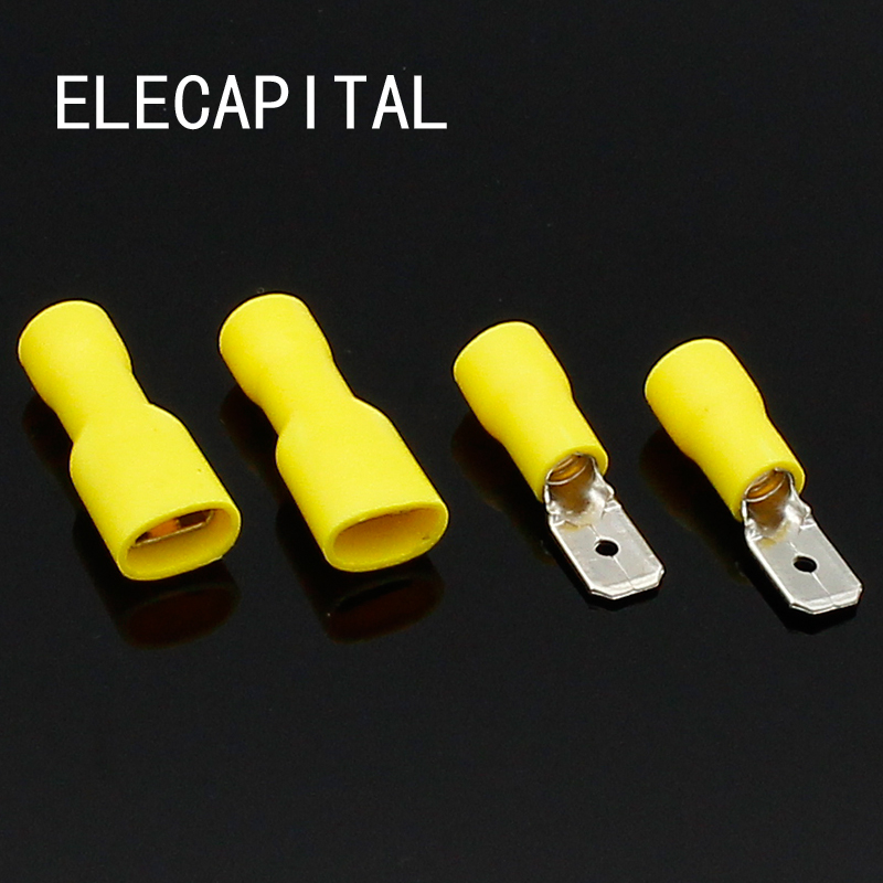 6.3mm Yellow 25 Female 25 Male Spade Insulated Electrical Crimp Terminal Connectors