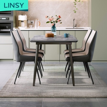 Linsy Steel Dinner Table Set with 4-6 Chairs, Modern Granite Stone Top Dining Room Furniture LS292R1-A