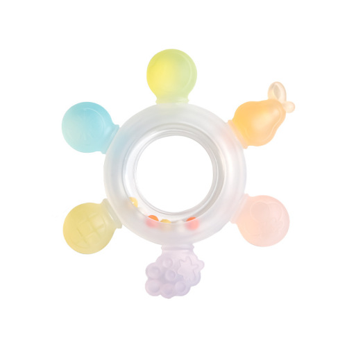 Anillo de dentición con sonajero para bebé con forma de fruta de silicona líquida