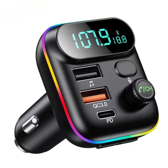 2024 T70 BT Car FM Transmitter with Built-in Mic - Hands-Free Car Kit with USB & Type-C Ports and MP3/BT Music Player