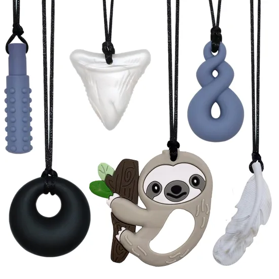 6-Pack BPA-Free Pure Food Grade Teething Animal Sloth Natural Silicone Necklace Baby Teether & Chew Toy for Autistic Children