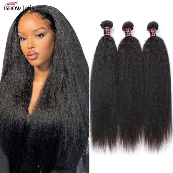 Ishow Brazilian Kinky Straight Hair Bundles Yaki Straight Hair Bundles 8A Grade Yaki Human Hair Extensions 1/3/4 PCS Hair Weave