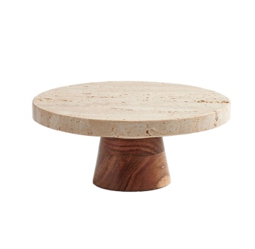 Handcrafted Beige Travertine Marble Cake Stand with Wood Stand