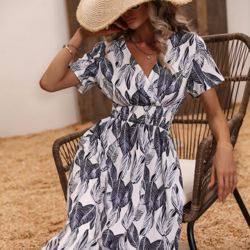 2024 New V-Neck Short-Sleeve Floral Print Casual Elegant Dress for Women