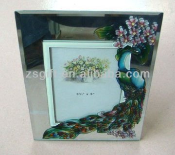 noble mirror glass picture frame decorated with carved peafowl