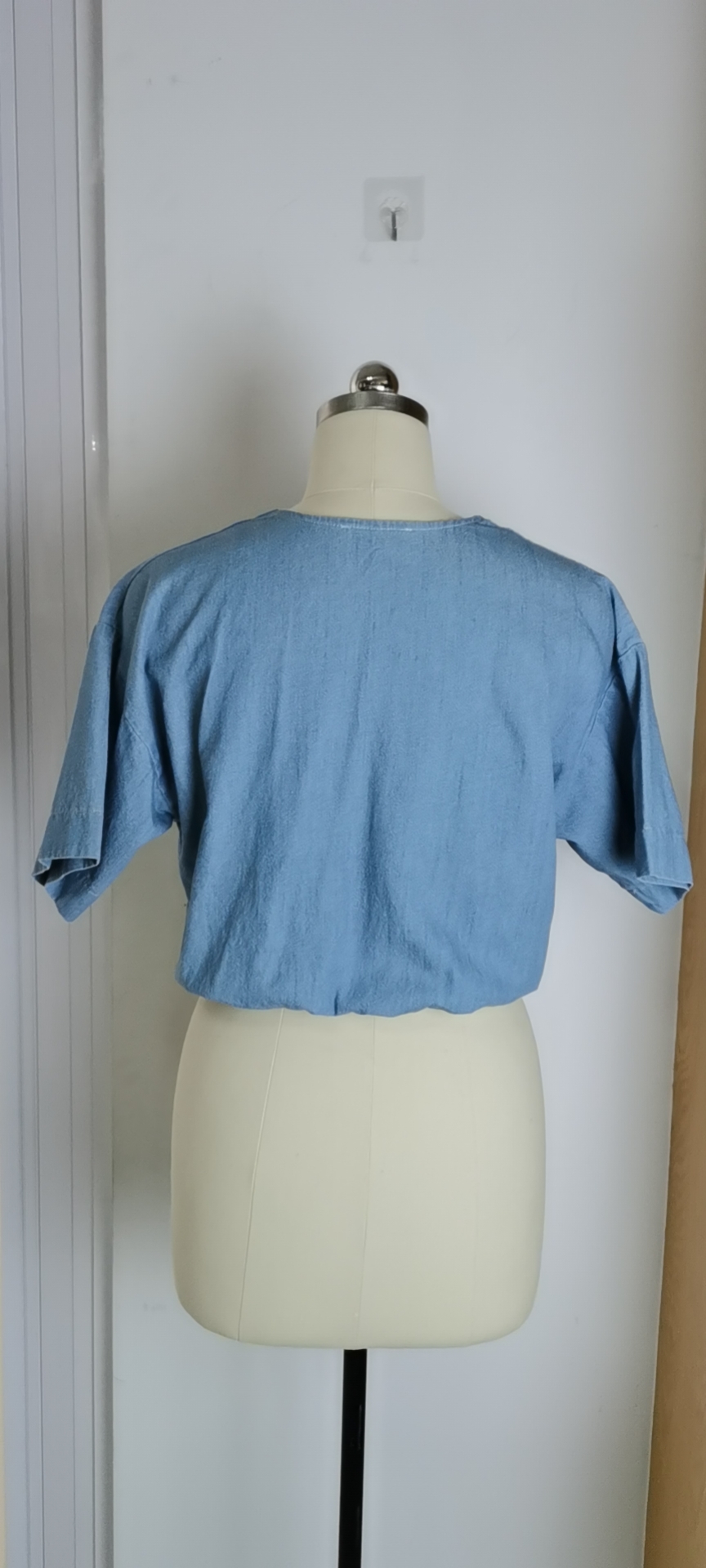 Women's V-Neck Blue Open Navel Short Sleeve Top