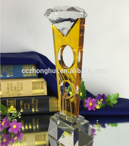 Gold color k9 crystal trophy ,crystal diamond award customized