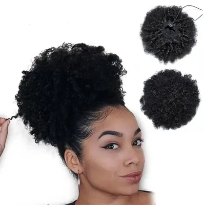 Drawstring 100% Remy Human Hair Ponytails Extensions Short Kinky Curly Afro Puff Ponytails For Black Women