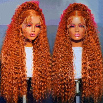 40 Inch Curly Deep Wave Full Lace Human Hair Wig - Orange Ginger Curly Lace Front Silk Top Wig