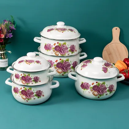 Purple Eternal Rose Cast-Iron Enamel Casserole Table Cookware Pot Set