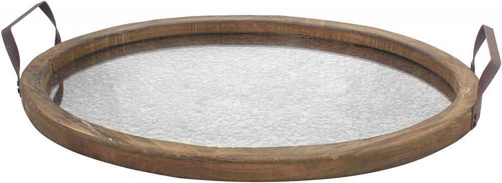 Wood Tray with Metal Handles and Mirror Base