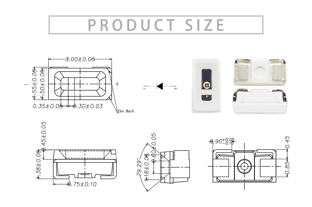 Size of 3015FRC10 Side emitting diode Red 3014 SMD LED 620nm LED 630nm LED plcc2 SMD LED Side view SMD LED 3014