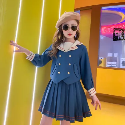 Autumn lapel long-sleeved shirt girls clothing suit blue pleated skirt girls 2 piece clothing sets