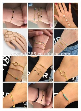 Multi Layered Simple Chain Bracelet Turquoise Beaded Round Ring Charm Bracelet