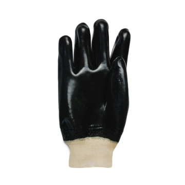 Black pvc single dipped gloves knit wrist