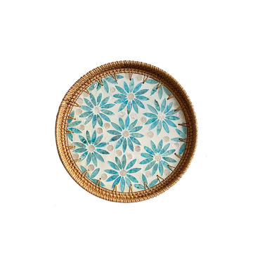 Rattan Woven Round Serving Tray - Decorative Fruit Plate for Coffee Table and Outdoor Gatherings