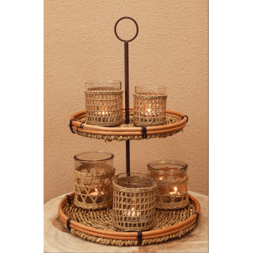 Candlestick Holder Set Natural Rattan and Glass Tea Light Holders Manufactory