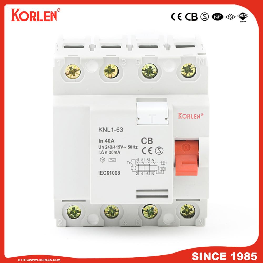 Residual Current Circuit Breaker KNL1-63 3KA CE 4P