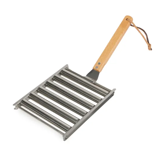 Professional Barbecue Sausage Roller Grill: Stainless Steel Construction with Long Wood Handle and 4pcs BBQ Skewers for Enhanced Cooking Experience