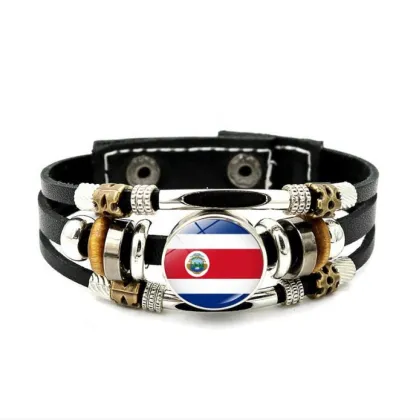 Costa Rica Flags Bangle Bracelet with Leather Chain Wristband