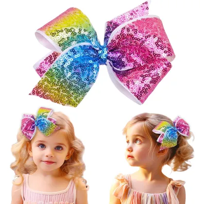 Rainbow Gradient Sequin Bow Hair Clip for Little Girl Mermaid with Colorful Fabric