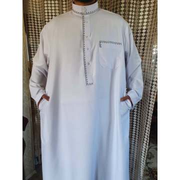 White Qatari Thobe With Embroidery For Men