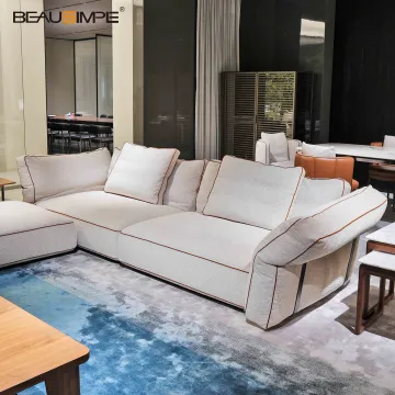 Beige Fabric L-Shaped Modular Sofa with Leather Accent