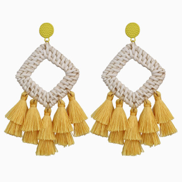 Bohemian Rattan Tassel Earrings for Women Lightweight Boho Jewelry Handmade Weaving Geometric Long Drop Statement Earrings