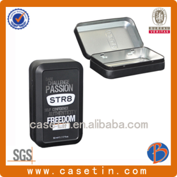 Hot sale rectangle perfume bottle packaging metal tin with lids metallic printing and embossing